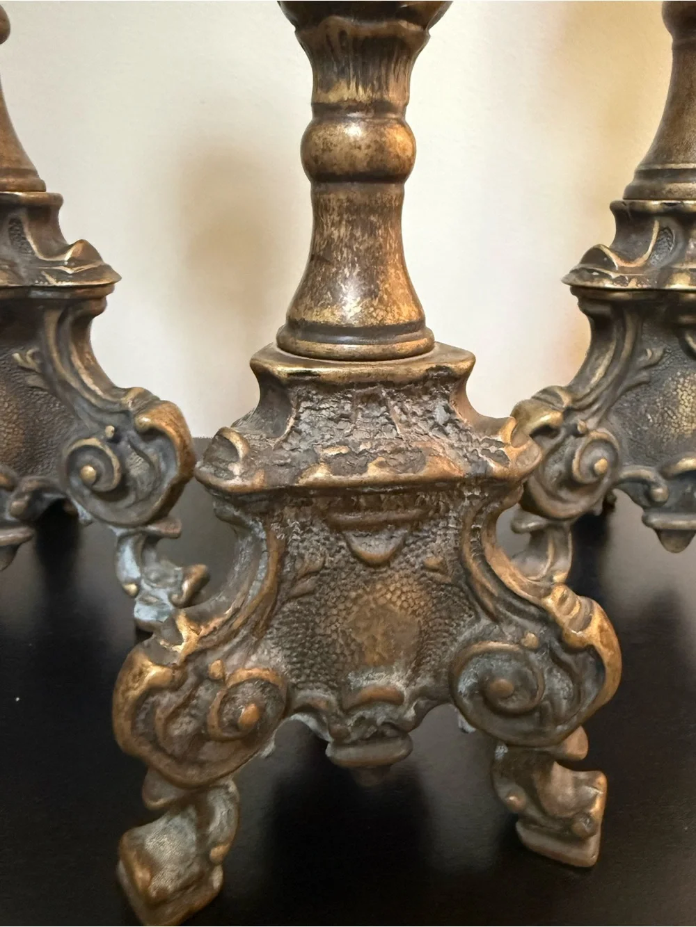 Antique Baroque Brass Alter Candle Holders - Set of 3